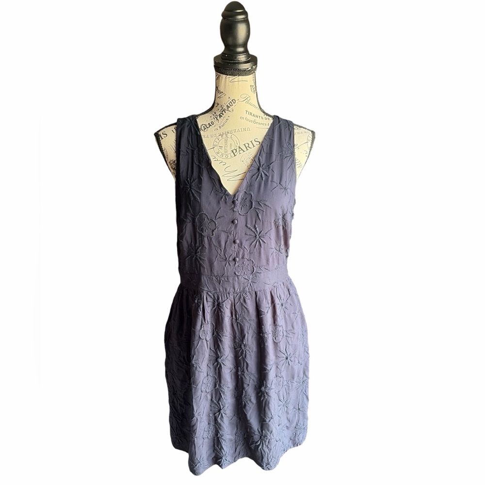 LOFT Embroidered Floral Fit & Flare Pocket Dress Navy Blue Size 6 Preppy NWOT